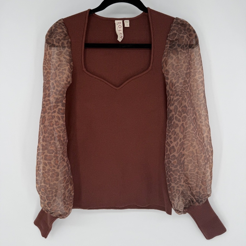 ANTHROPOLOGIE DOLAN LEOPARD PRINT SHEER PUFF SLEEVE SWEATER SWEETHEART NECK‎ XS